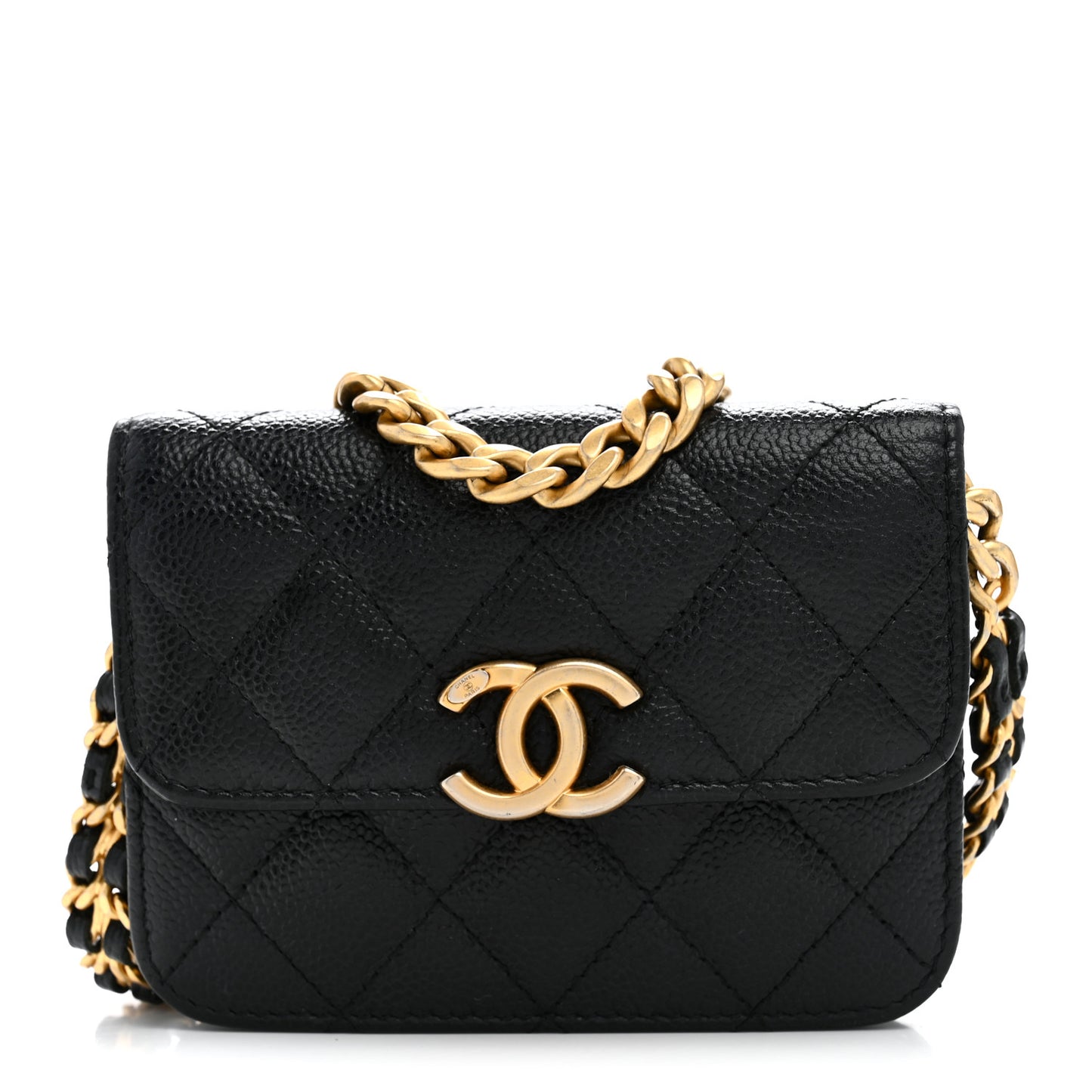 Shiny Caviar Quilted Chain Melody Card Holder On Chain Black