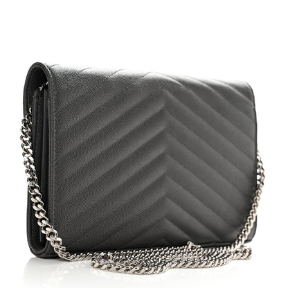 Saint Laurent Grain De Poudre Matelasse Chevron Monogram Chain Wallet Oyster Grey 3 of 10