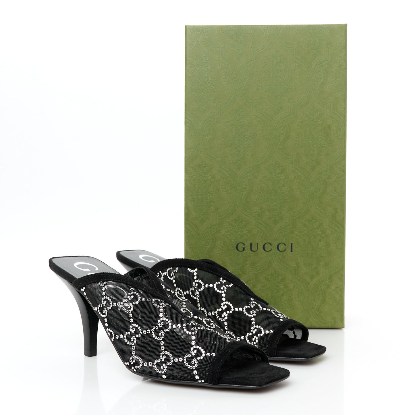 Tela Retino Kid Scamosciato Crystal GG Monogram Square G 95mm Slide Sandals 37 Black