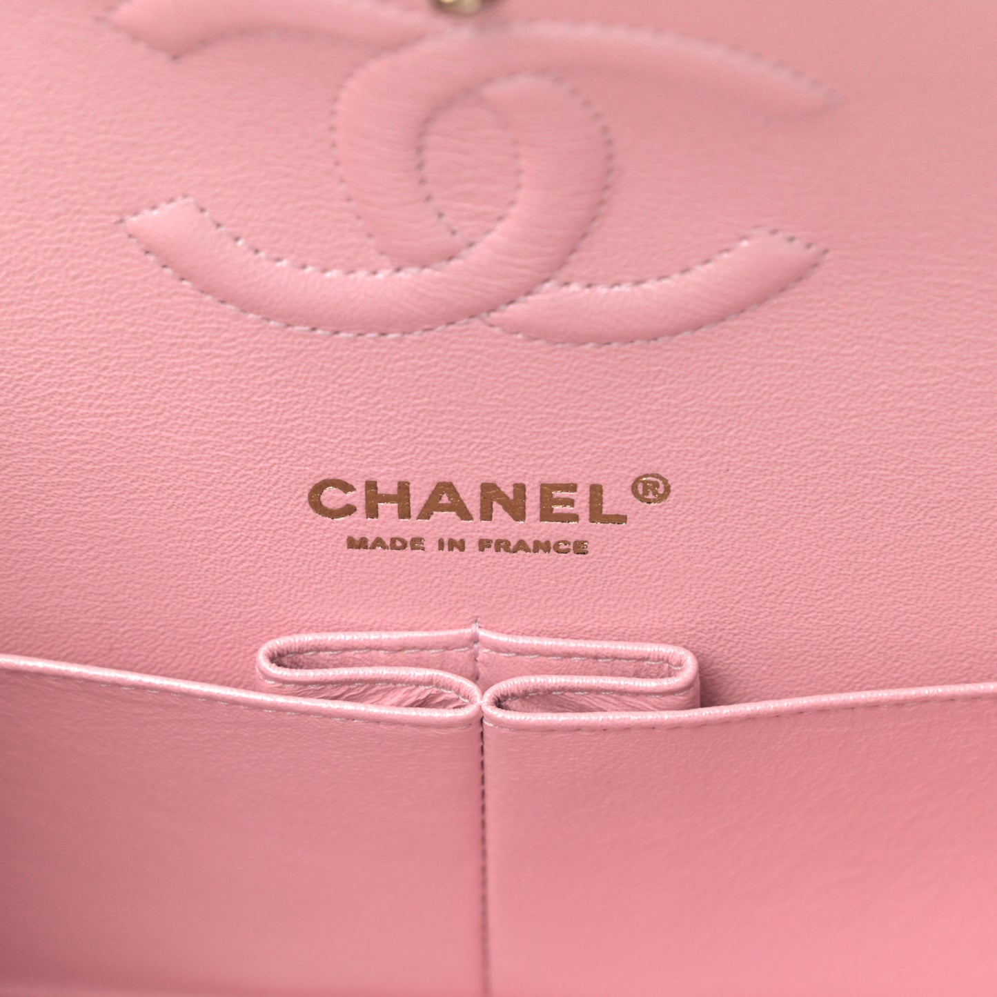 Iridescent Calfskin Quilted Medium Double Flap Light Pink