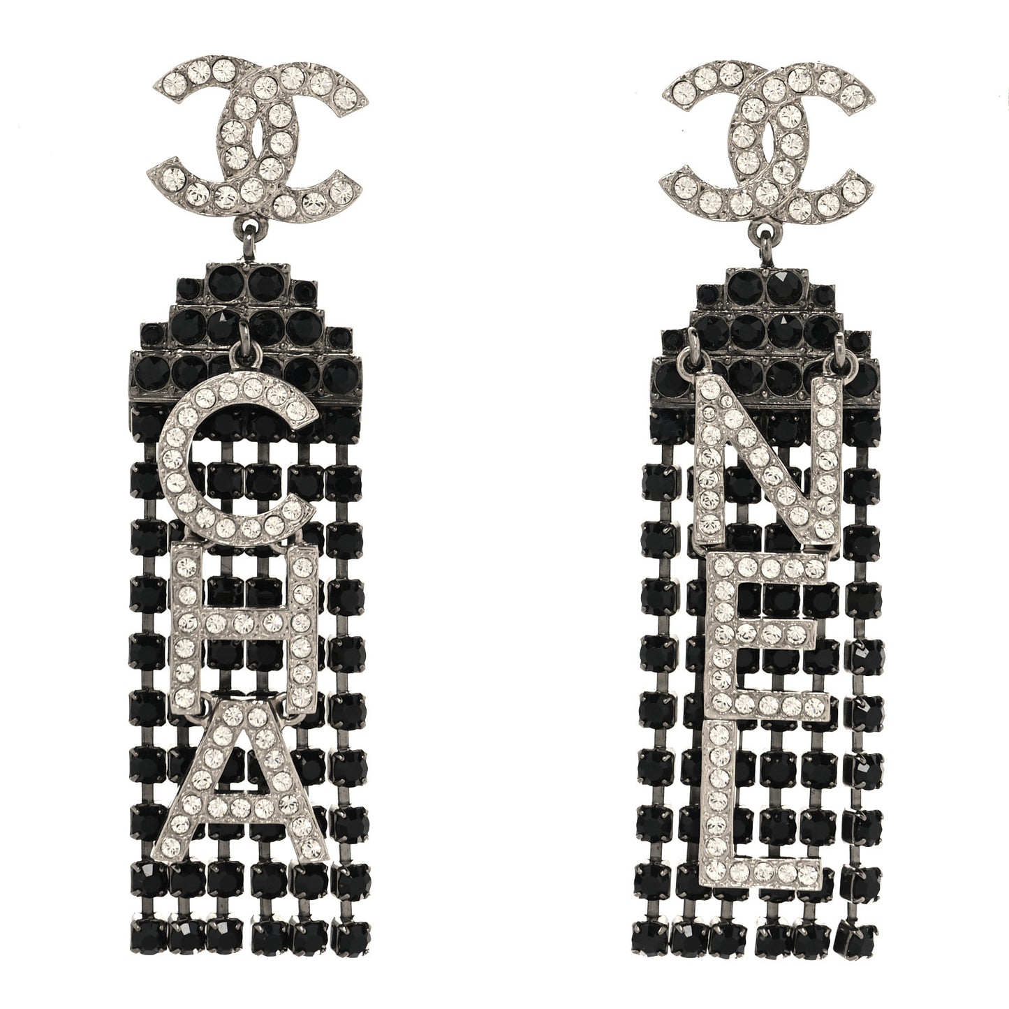 Crystal CC Strass Cha-Nel Logo Drop Earrings Silver Black