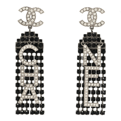 Chanel Crystal CC Strass Cha-Nel Logo Drop Earrings Silver Black 2 of 8