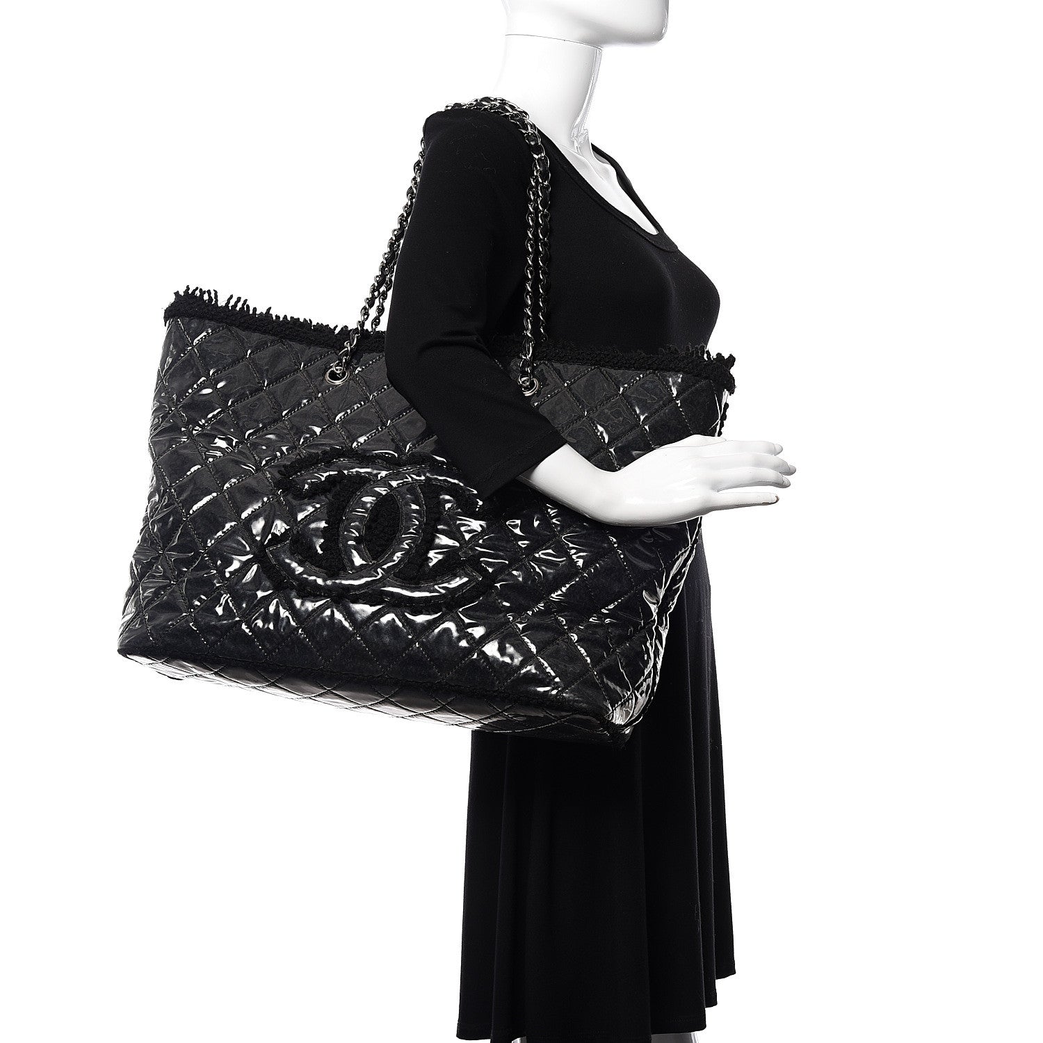 Chanel Vinyl Quilted Large Funny Tweed Tote Black 2 of 14