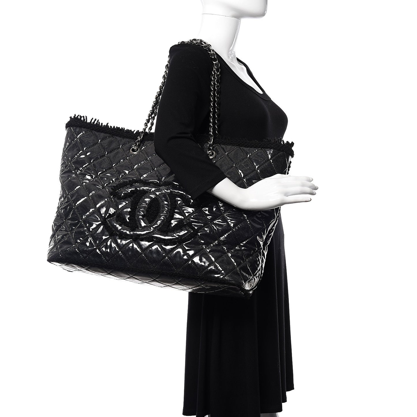 Vinyl Quilted Large Funny Tweed Tote Black