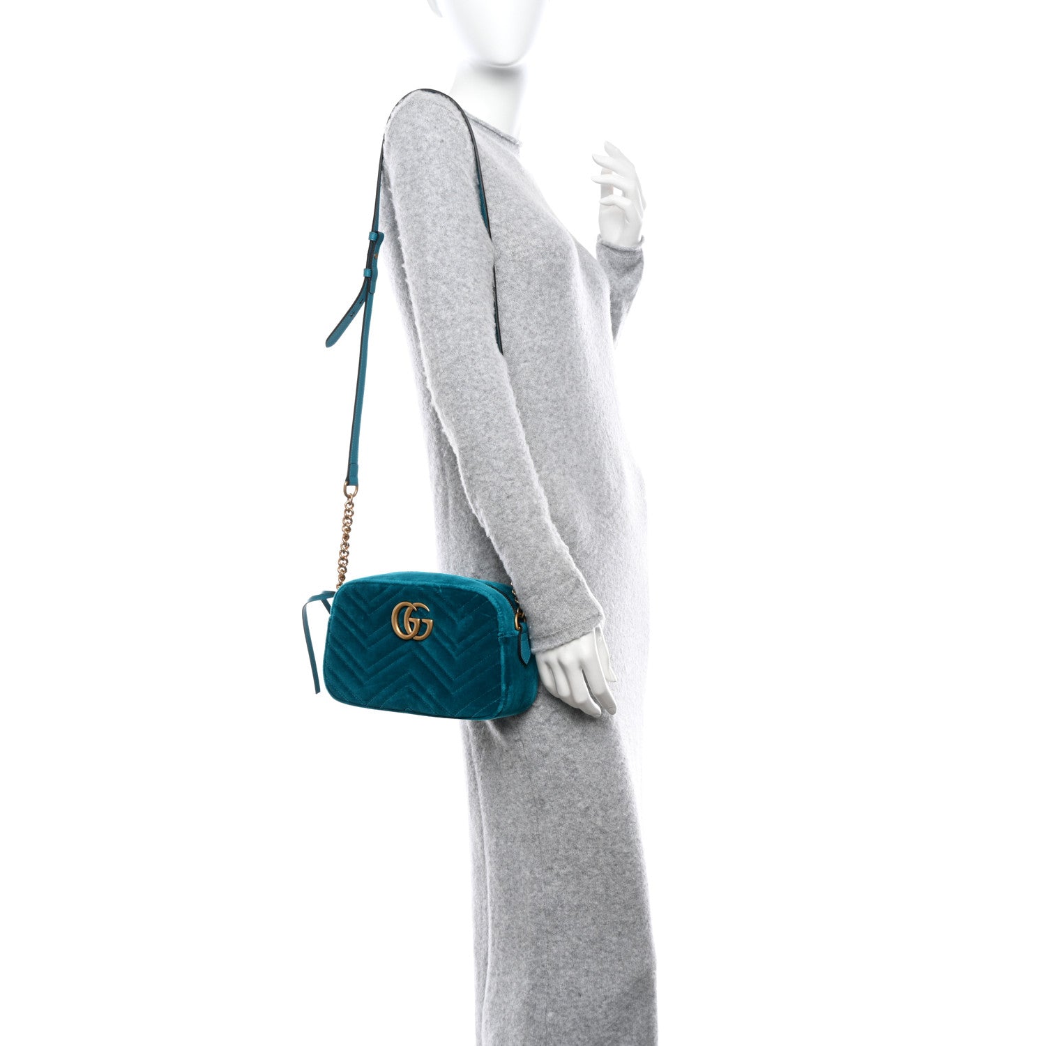 Gucci Velvet Matelasse Small GG Marmont Chain Shoulder Bag Pavone Cyan 2 of 10
