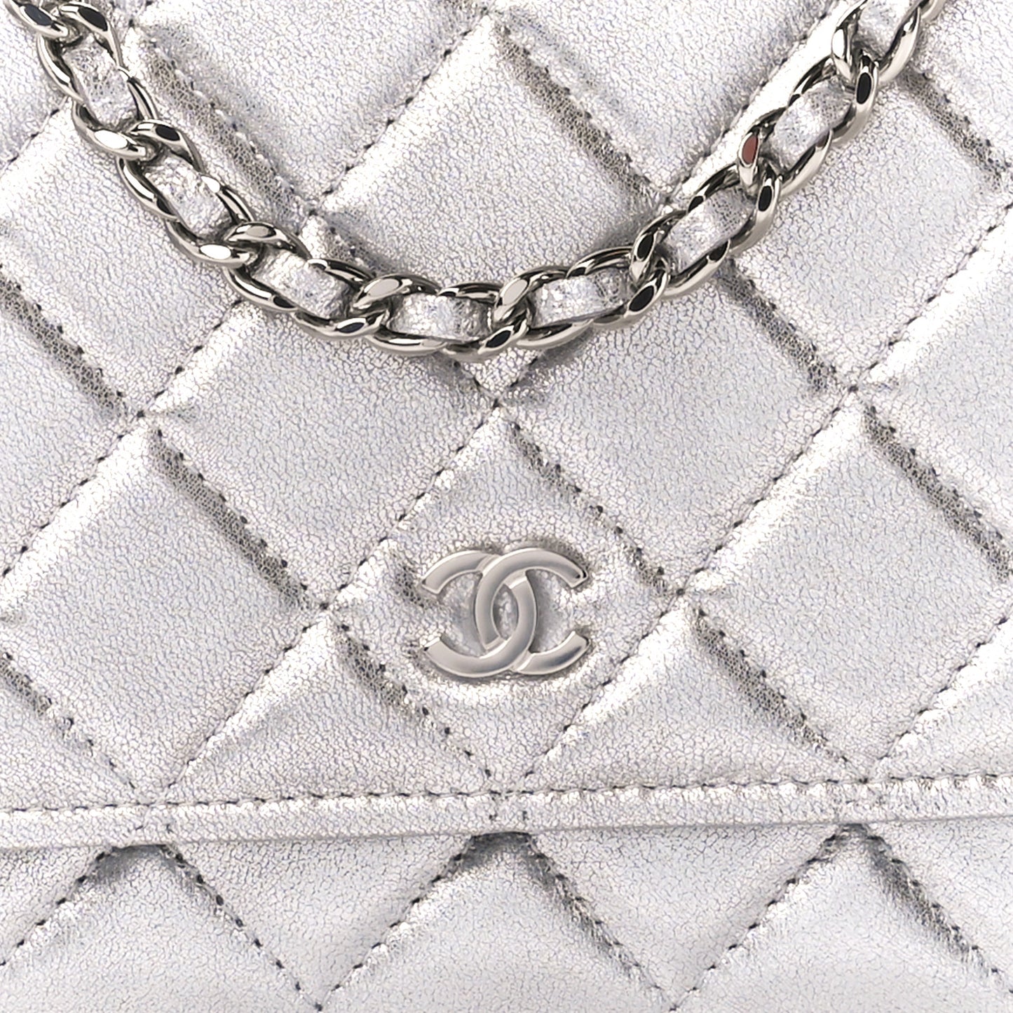 Metallic Lambskin Quilted Wallet On Chain WOC Silver