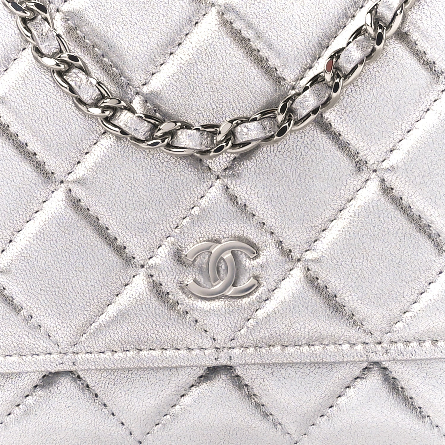 Chanel Metallic Lambskin Quilted Wallet On Chain WOC Silver 10 of 13