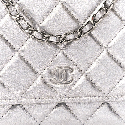 Chanel Metallic Lambskin Quilted Wallet On Chain WOC Silver 10 of 13