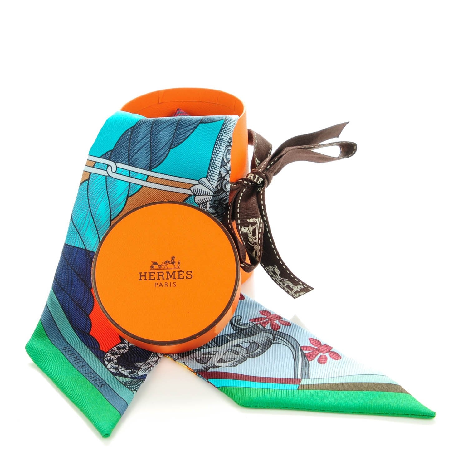 Hermes Silk Cavalleria D'Etriers Twilly Emeraude Orange Turquoise 5 of 5