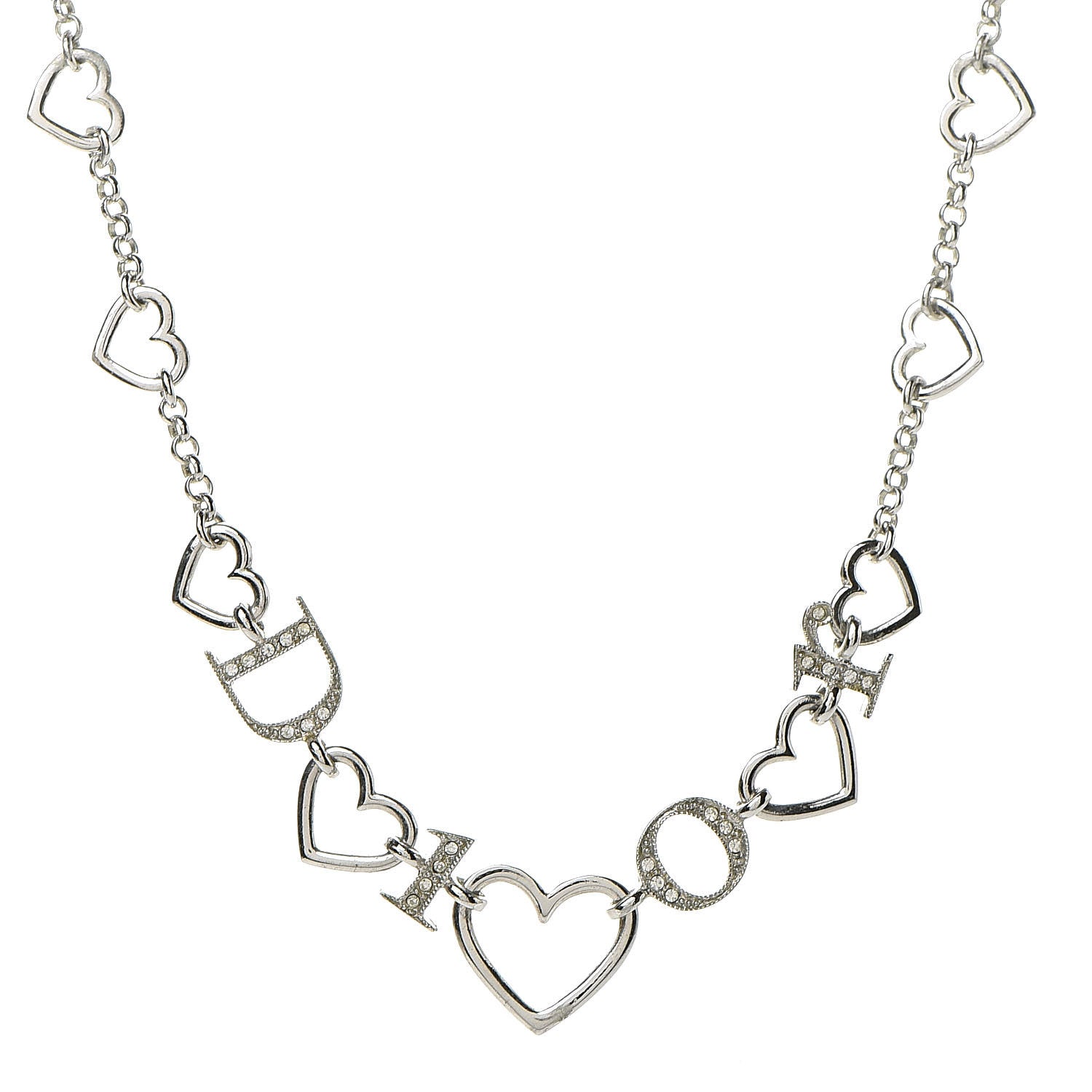 Christian Dior Metal Crystal Heart Necklace Silver 1 of 6