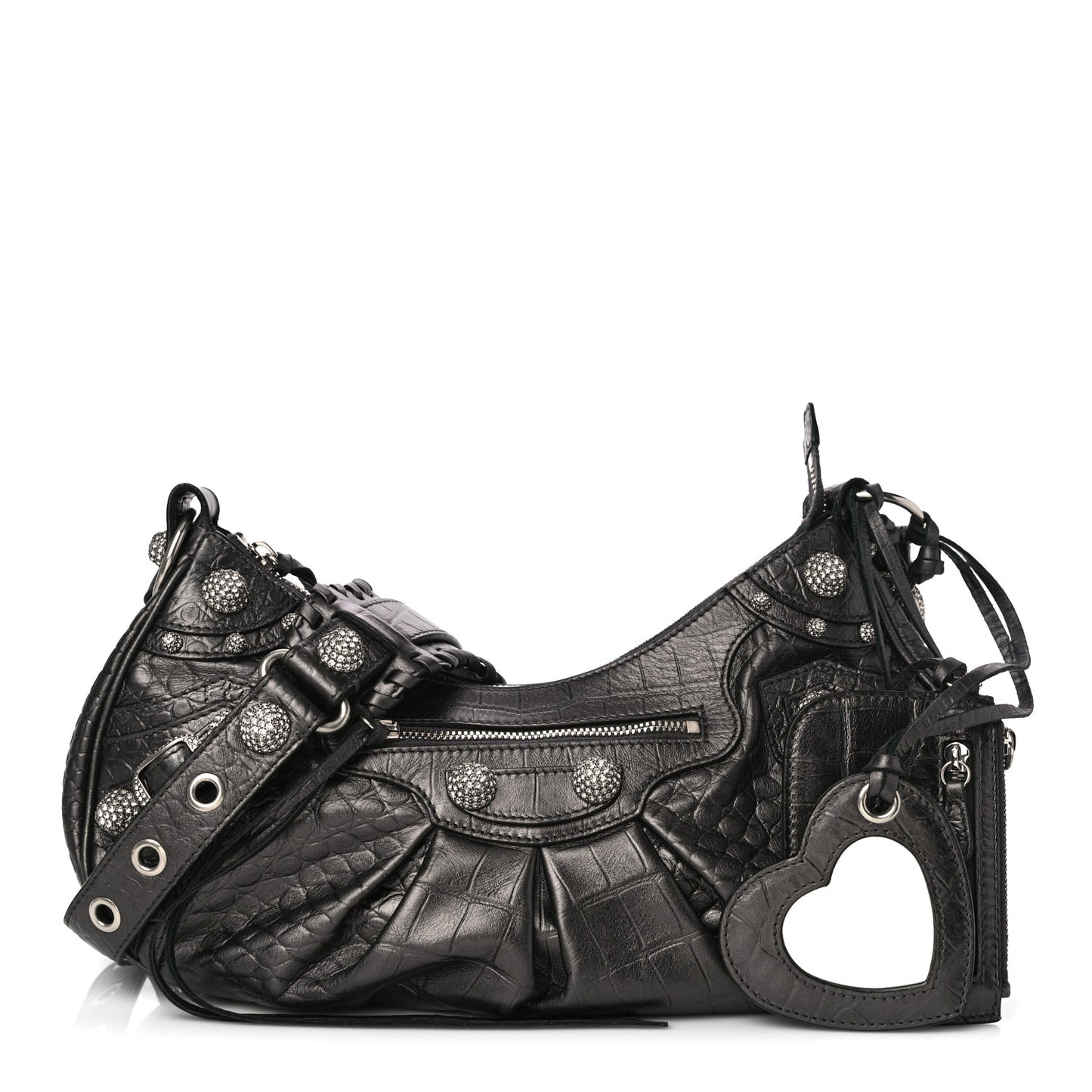 Metallic Calfskin Crocodile Embossed Crystal Small Le Cagole Shoulder Bag Gunmetal