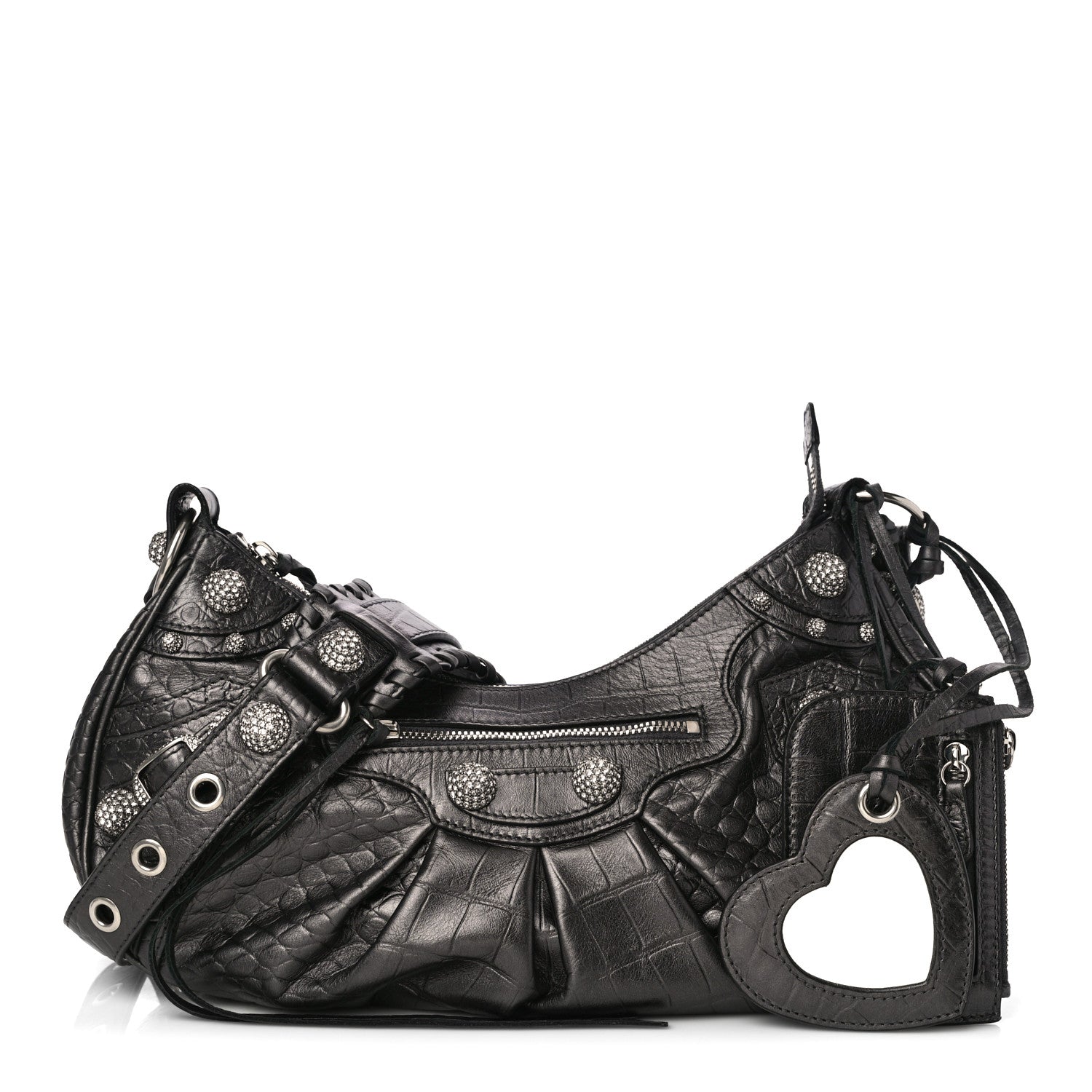 Balenciaga Metallic Calfskin Crocodile Embossed Crystal Small Le Cagole Shoulder Bag Gunmetal 1 of 12