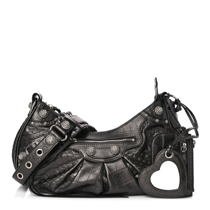 Balenciaga Metallic Calfskin Crocodile Embossed Crystal Small Le Cagole Shoulder Bag Gunmetal 1 of 12