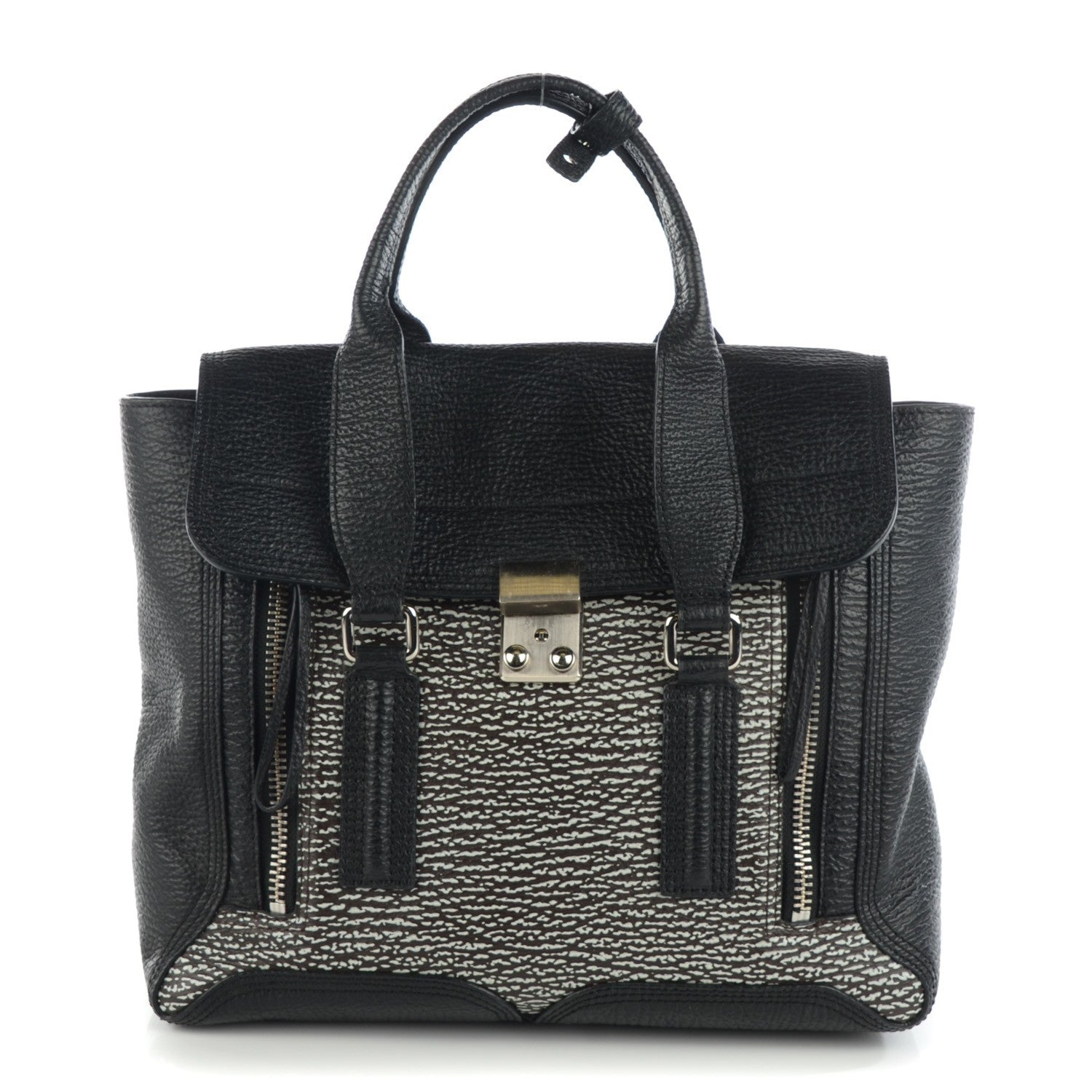 3.1 Phillip Lim 3.1 Calfskin Embossed Medium Pashli Satchel Black White 1 of 7
