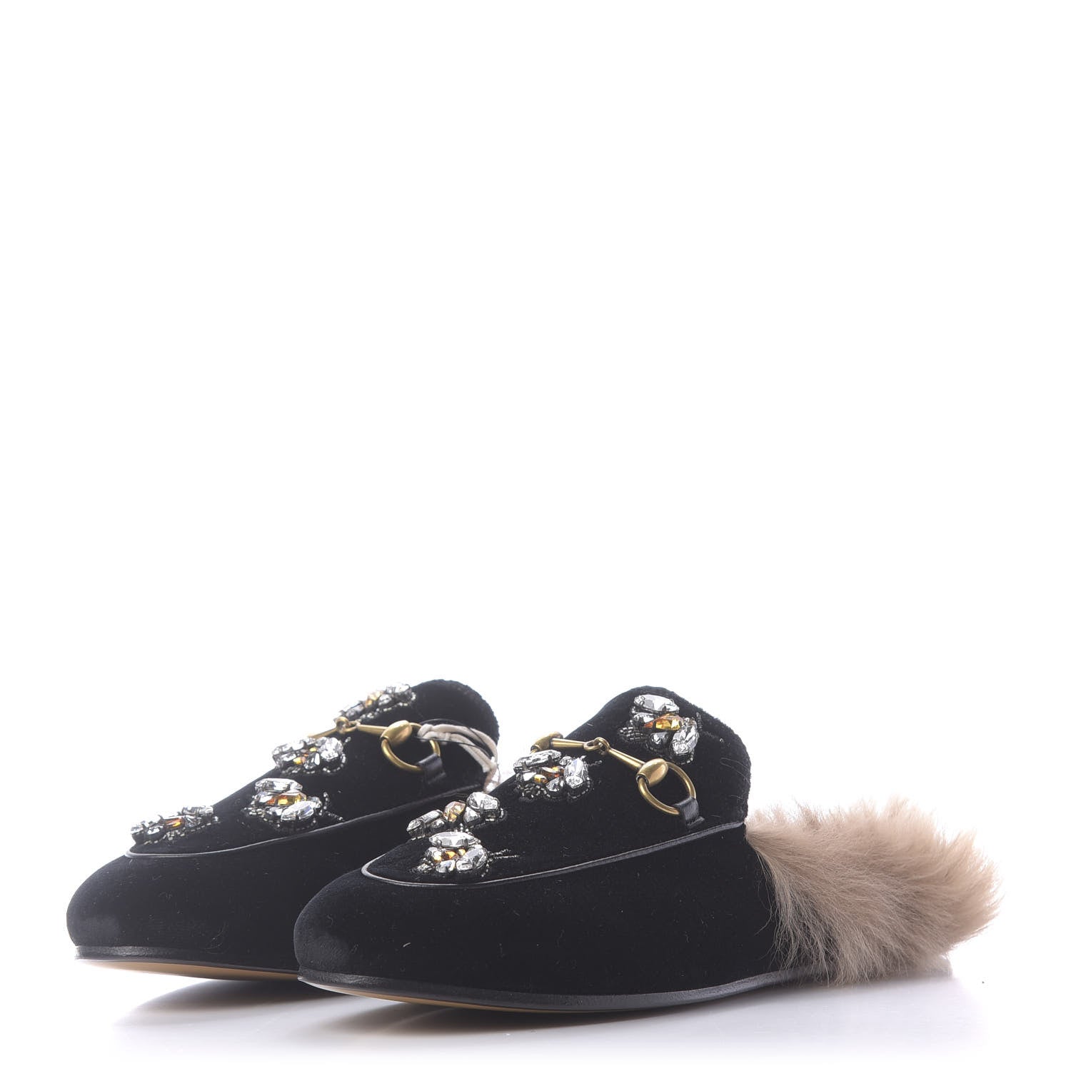 Gucci Velvet Fur Crystal Embroidered Womens Princetown Slippers 37.5 Black 3 of 9