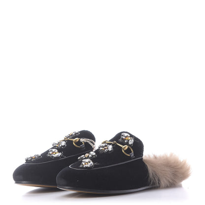 Gucci Velvet Fur Crystal Embroidered Womens Princetown Slippers 37.5 Black 3 of 9