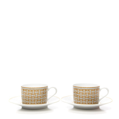 Hermes Porcelain Mosaique Au 24 Gold Tea Cup And Saucer Set Of 2 1 of 7