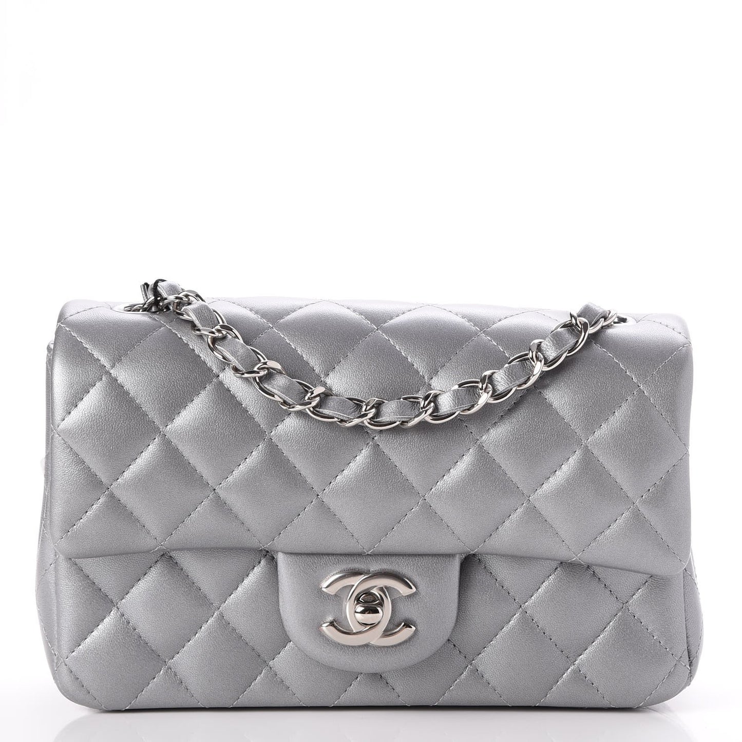 Metallic Lambskin Quilted Mini Rectangular Flap Silver