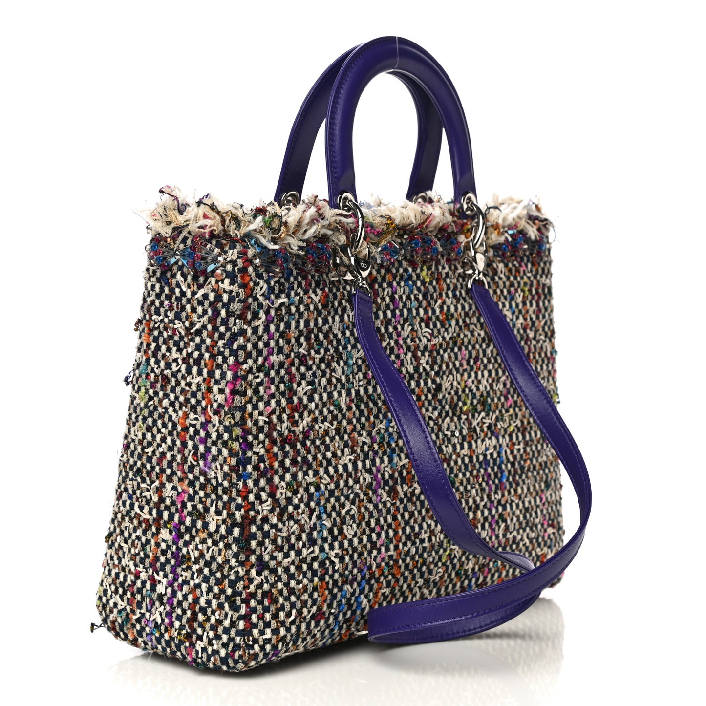 Tweed Embroidered Fringe Large Lady Dior Multicolor Purple