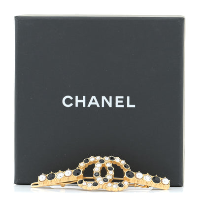Chanel Pearl Crystal CC Hair Clip Barrette Gold Black Pearly White 6 of 6
