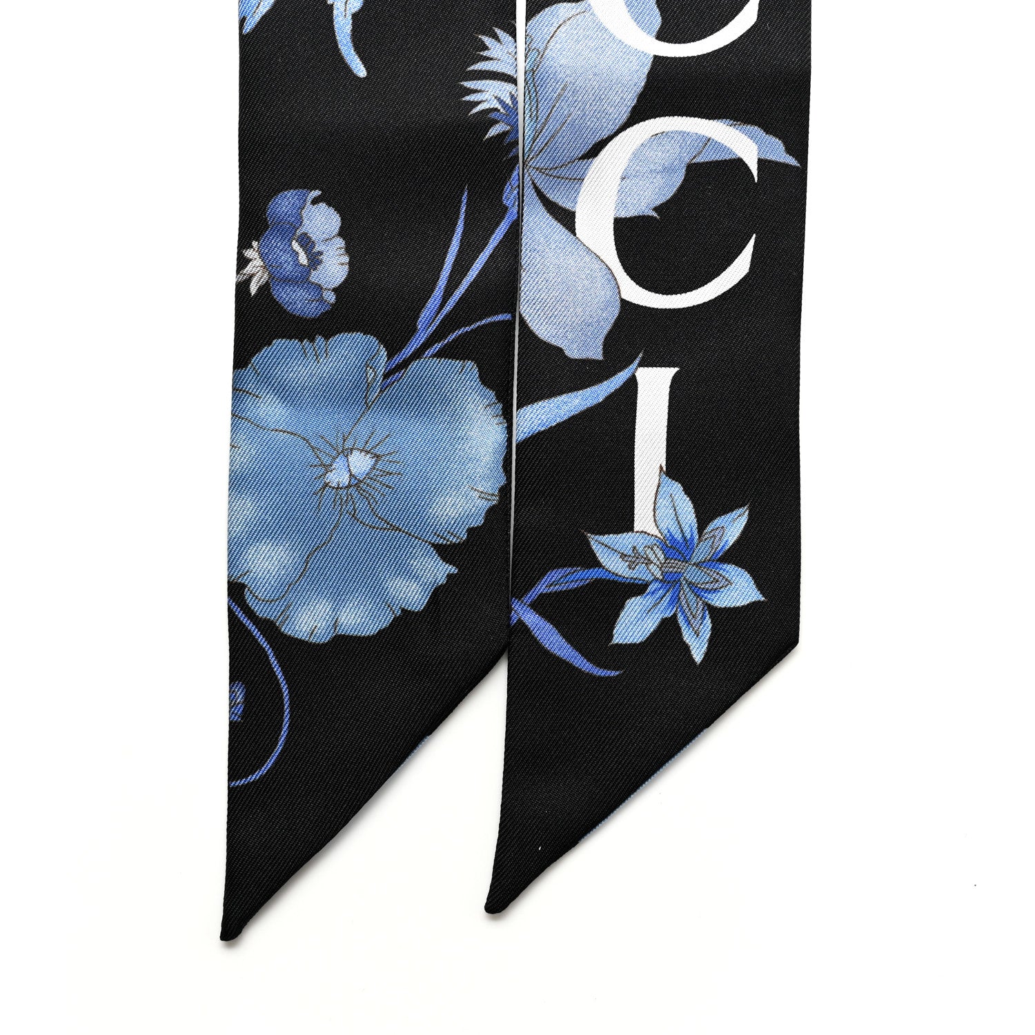 Gucci Silk Twill Floral Print Neck Bow Scarf Black Blue 2 of 3