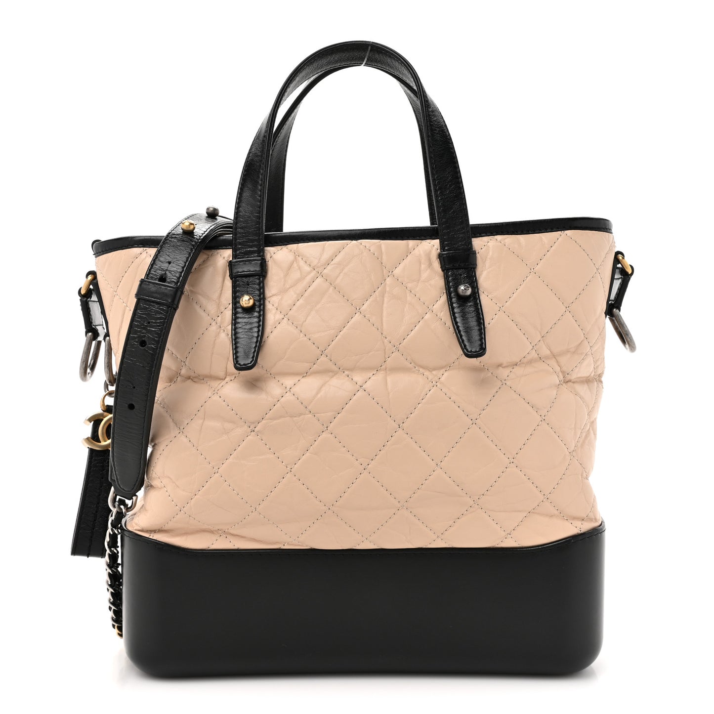 Aged Calfskin Quilted Medium Gabrielle Shopping Tote  Beige Black