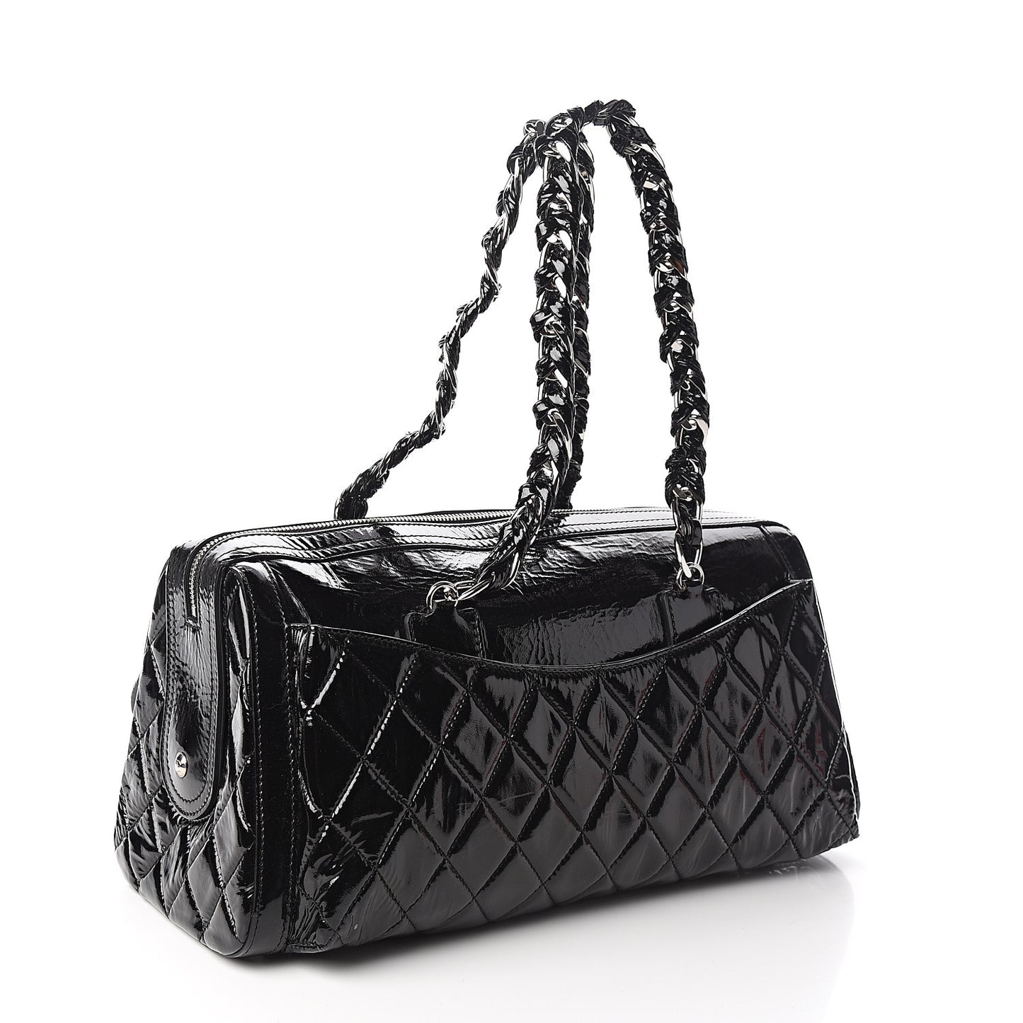 Patent Quilted Day Glo Flap Bag Black