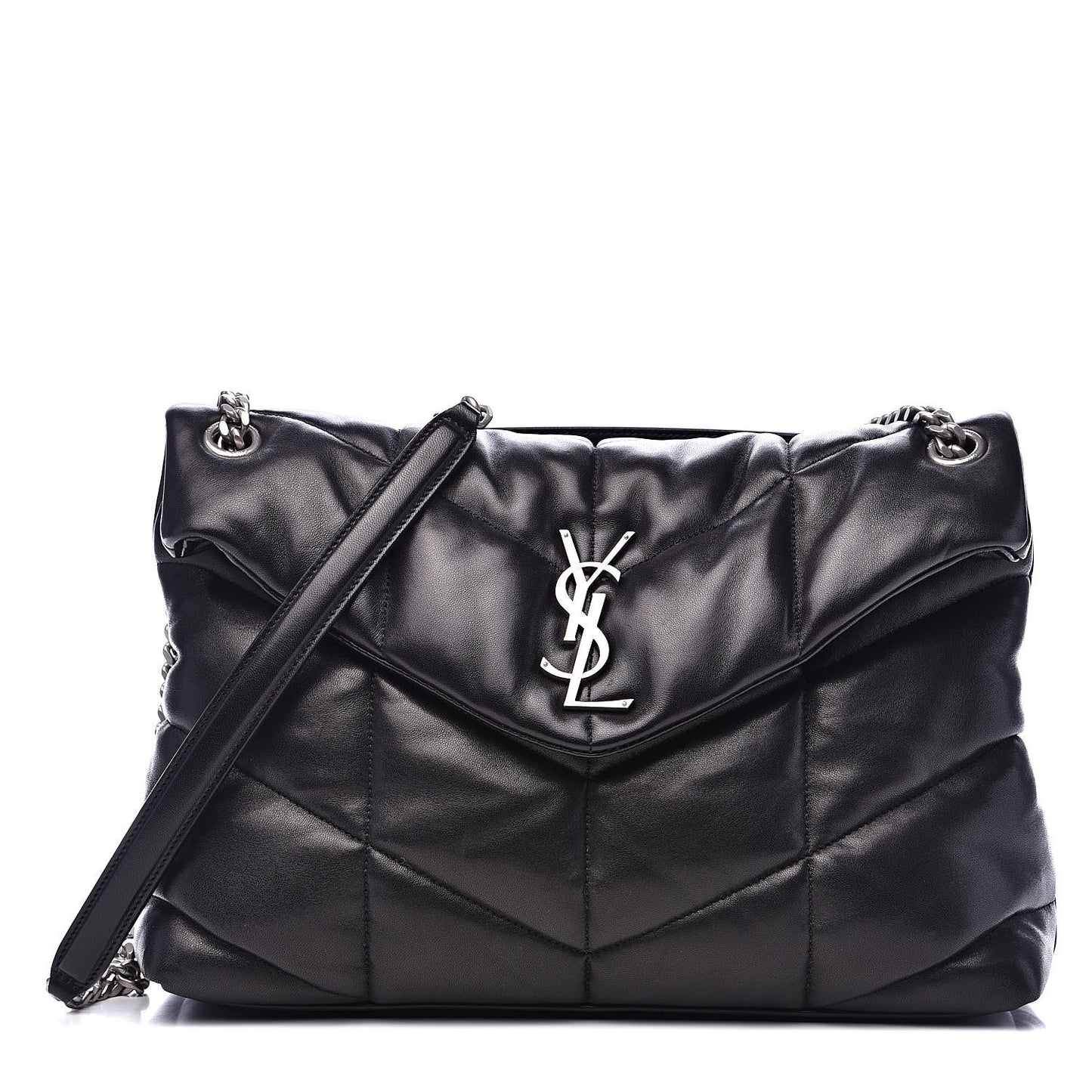 Lambskin Quilted Medium Loulou Puffer Monogram Chain Satchel Black