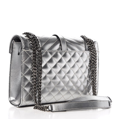 Saint Laurent Metallic Grain De Poudre Textured Mixed Matelasse Triquilt Medium Monogram Satchel Silver 4 of 8