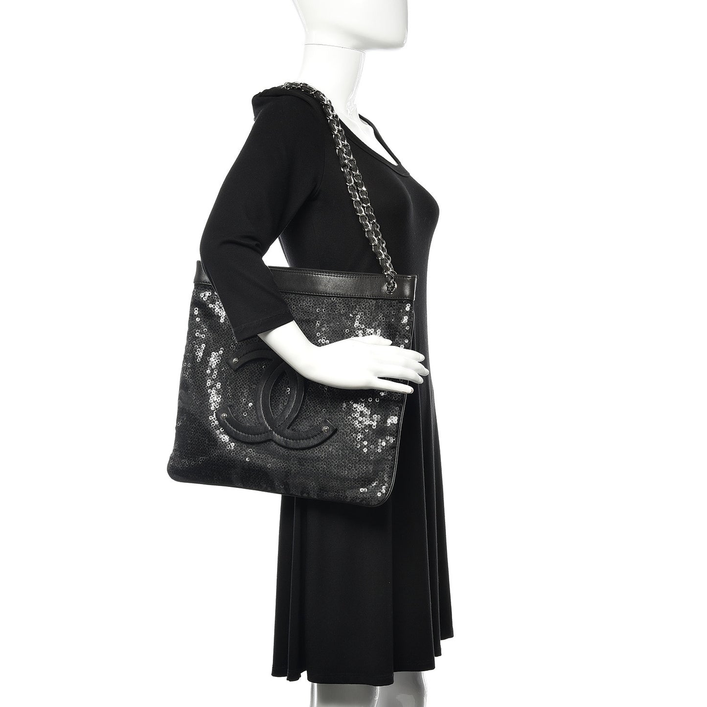 Calfskin Mesh Hidden Sequin CC Tote Black