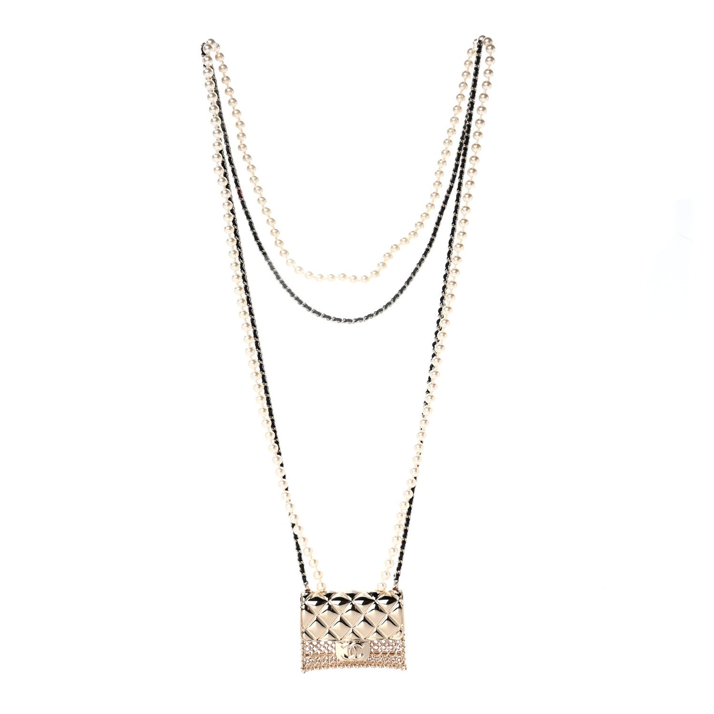Metal Lambskin Pearl Chain Flap Bag Long Necklace Gold Black Pearly White