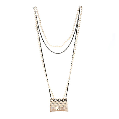 Chanel Metal Lambskin Pearl Chain Flap Bag Long Necklace Gold Black Pearly White 1 of 5