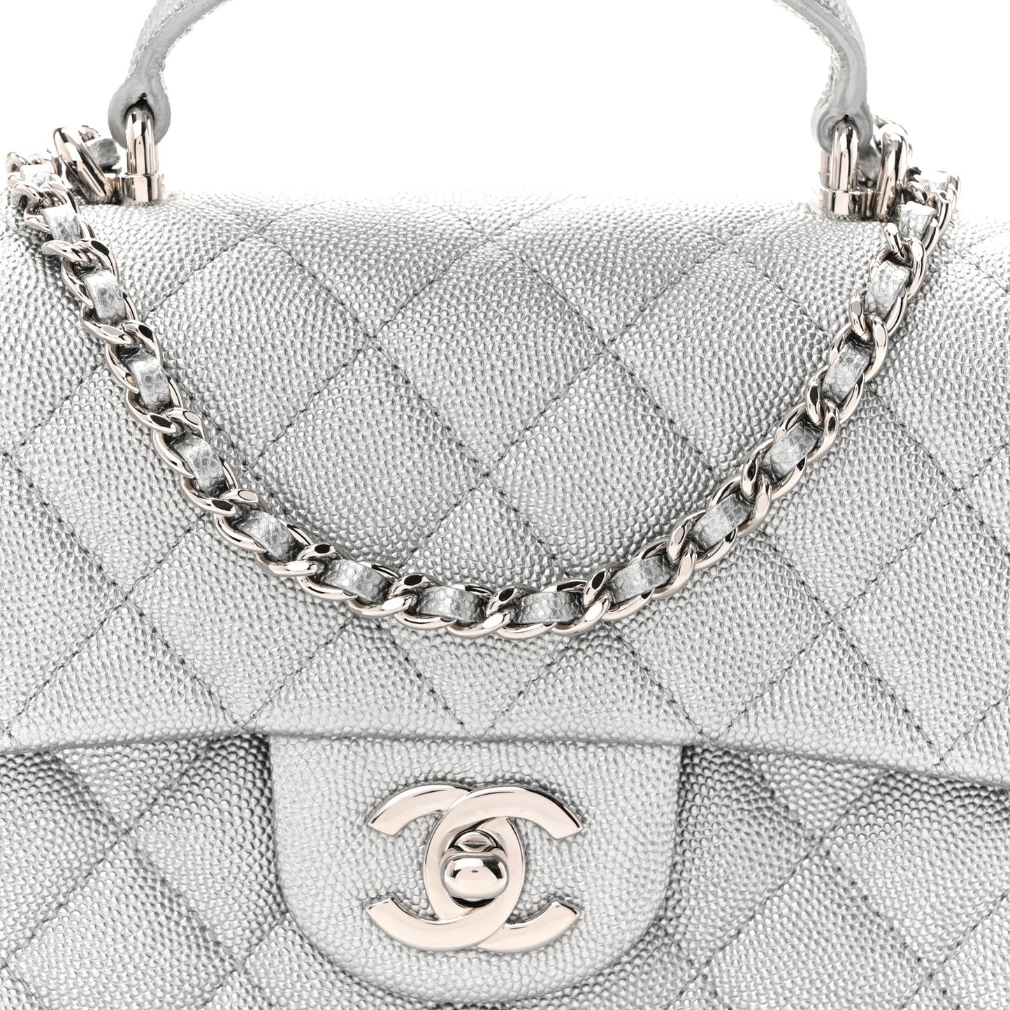 Metallic Caviar Quilted Mini Top Handle Rectangular Flap Silver
