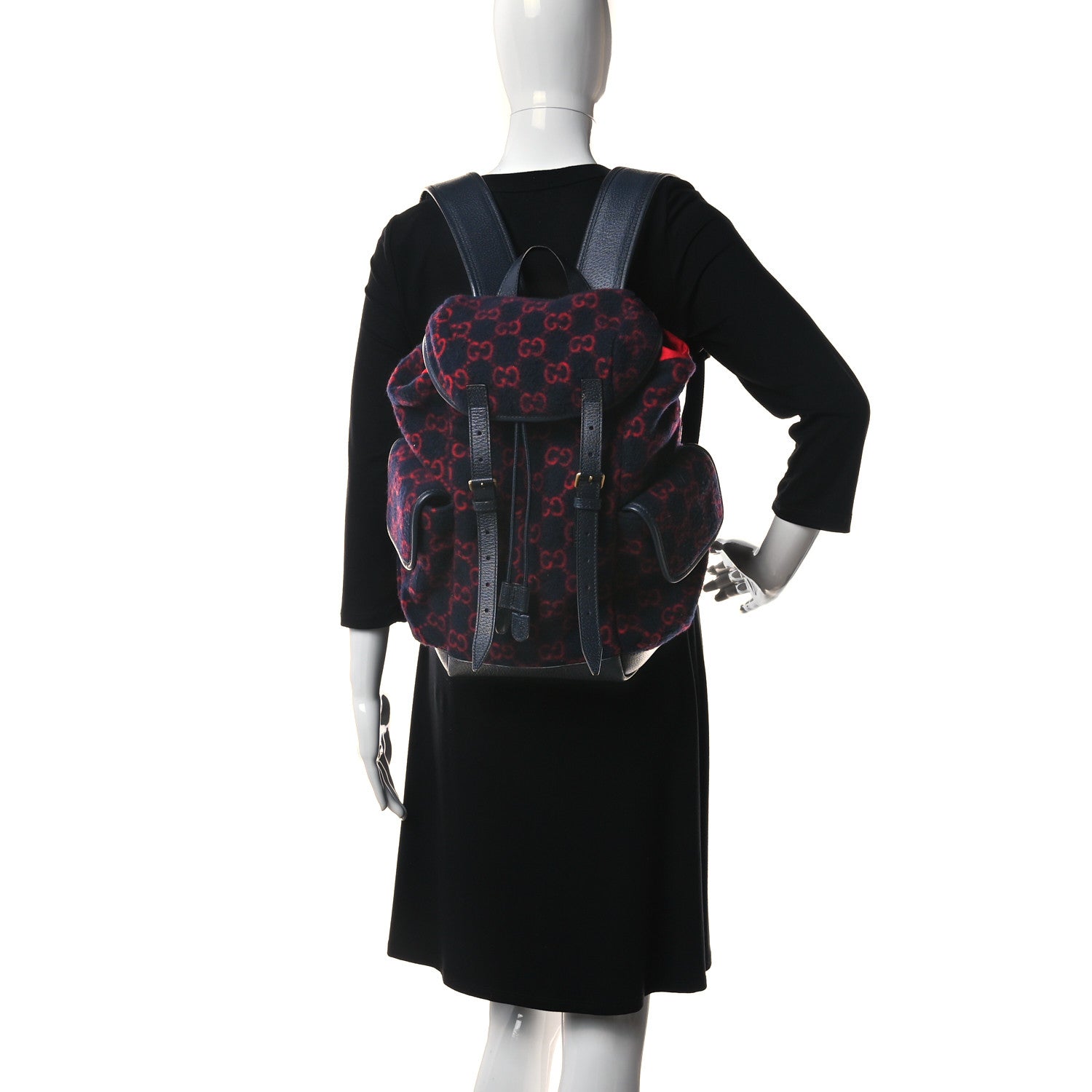 Gucci Covered Wool GG Monogram Small Double Buckle Backpack Navy Red 2 of 13