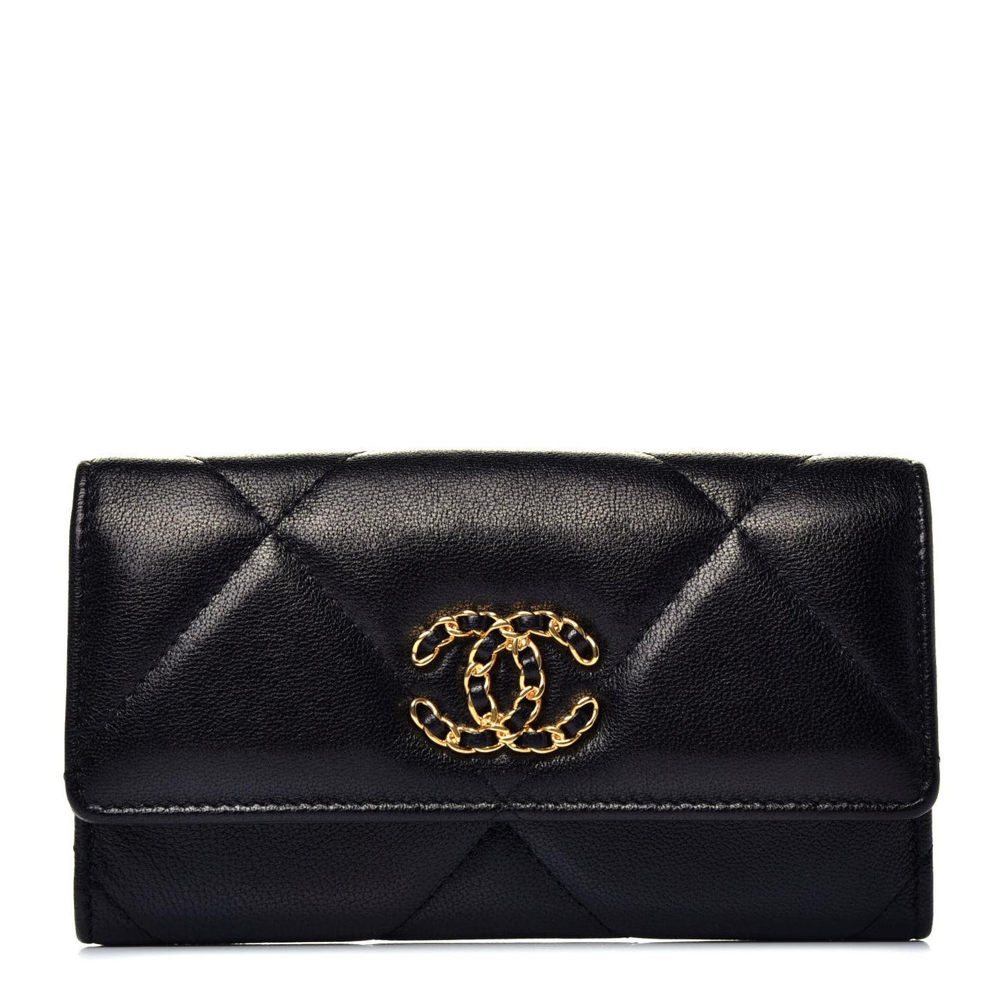 Shiny Goatskin Quilted Chanel 19 Flap Wallet Black