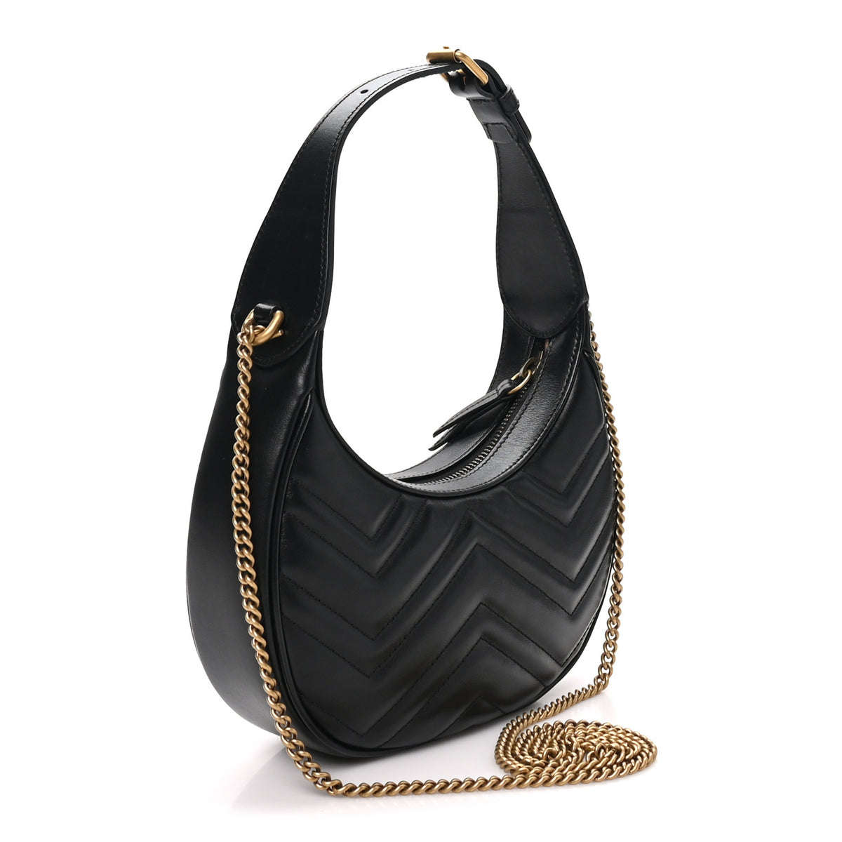 Gucci Calfskin Matelasse Chevron Mini GG Marmont Half Moon Hobo Black 2 of 9