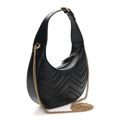 Gucci Calfskin Matelasse Chevron Mini GG Marmont Half Moon Hobo Black 2 of 9