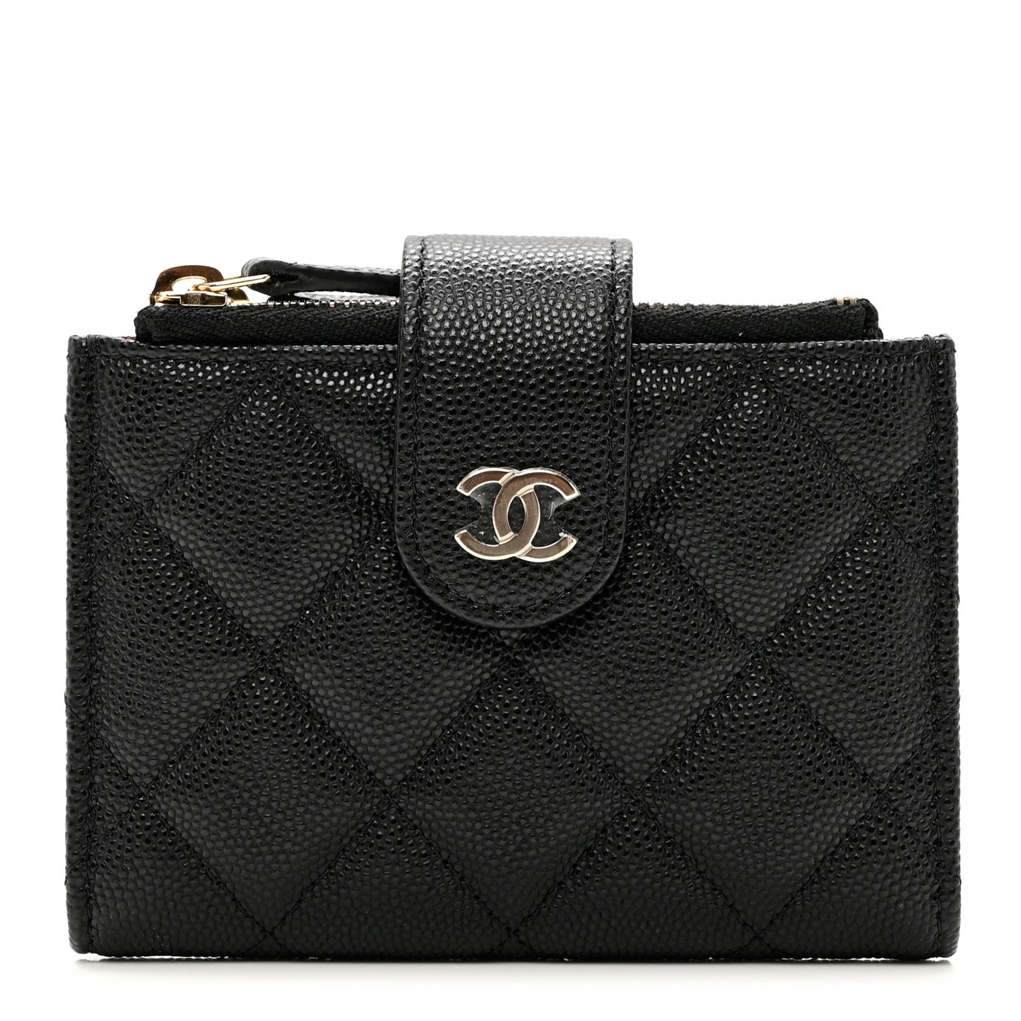 Caviar Quilted Compact Zipped Pocket Wallet Black