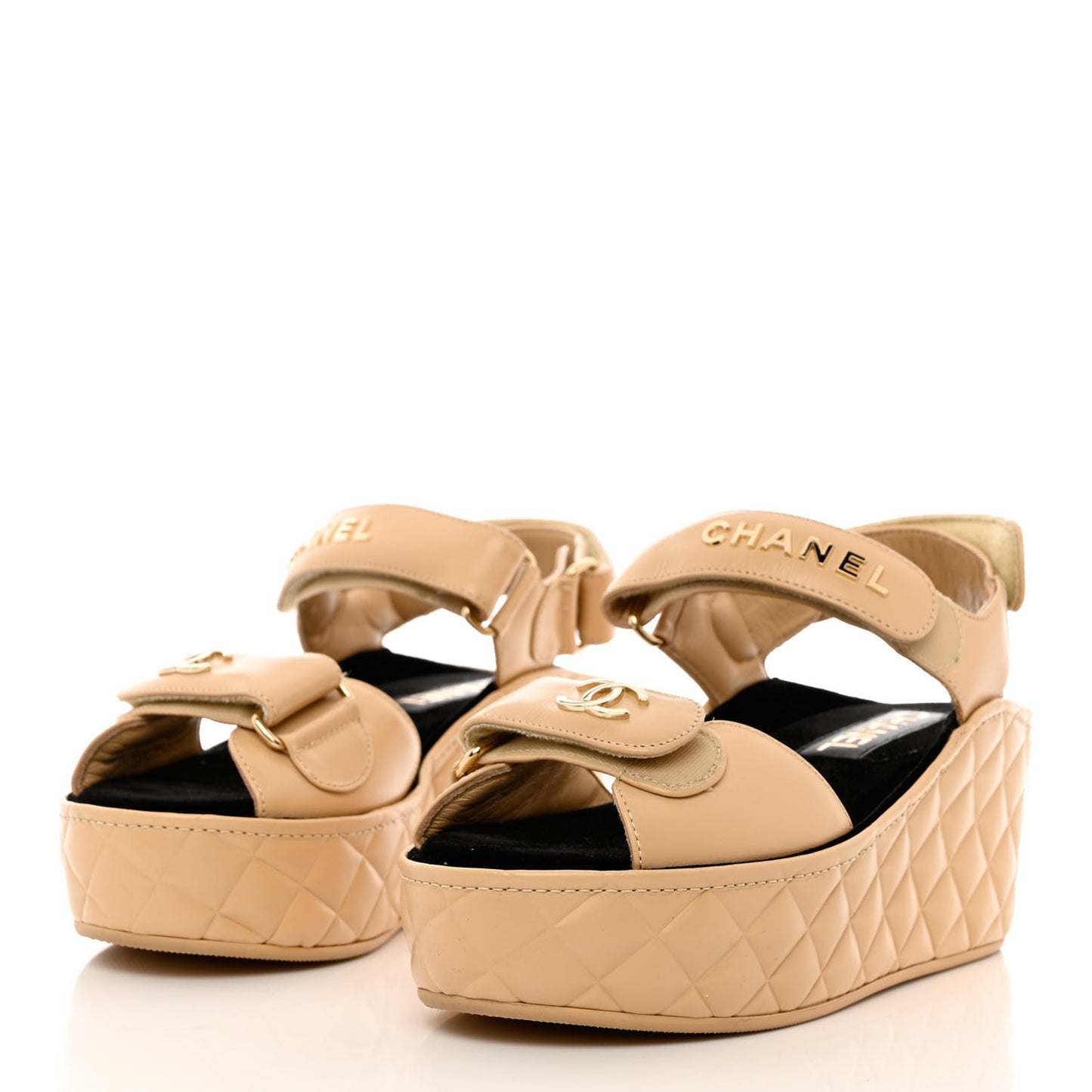 Shiny Calfskin Logo Platform Sandals 35 Beige