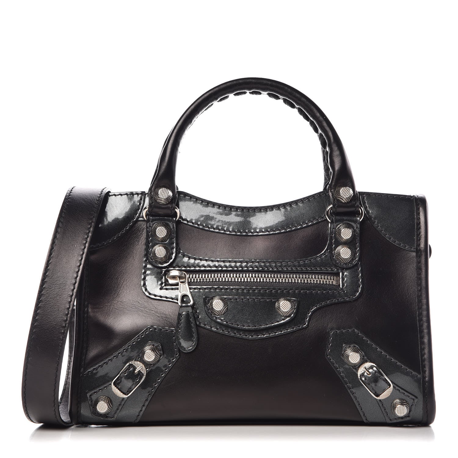 Balenciaga Smooth Calfskin Metallic Patent Giant 12 Silver Hardware Mini City Black Gris 1 of 13