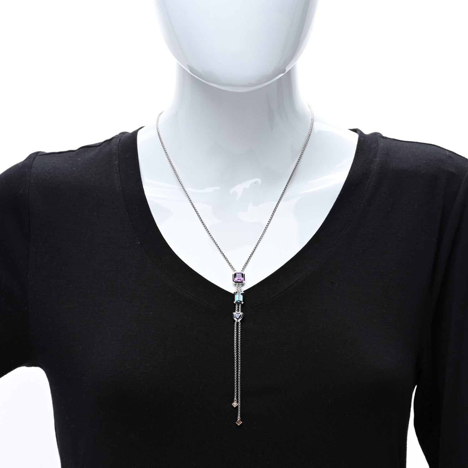 David Yurman Sterling Silver 18K Yellow Gold Amethyst London Blue Topaz Iolite Novella Y Necklace 3 of 4