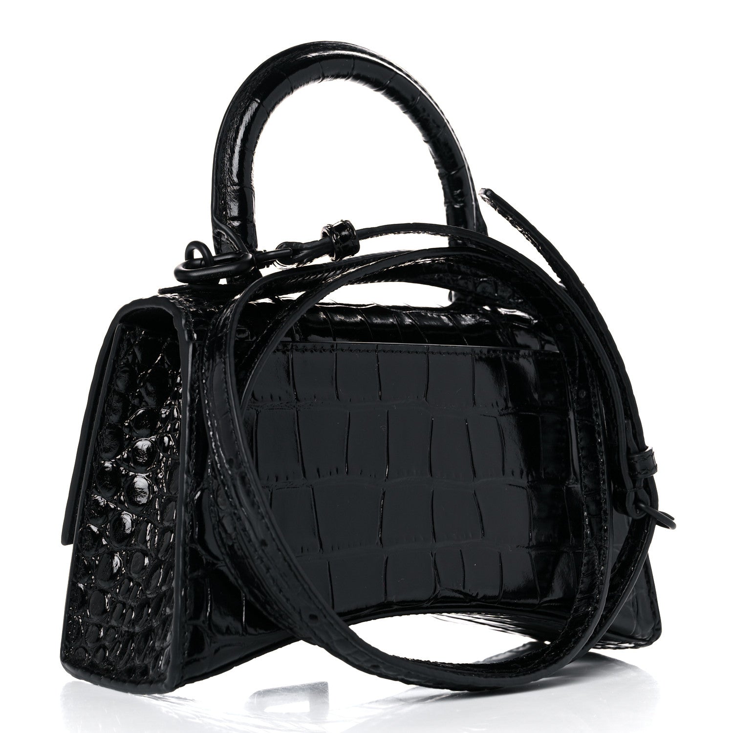 Balenciaga Shiny Calfskin Monochrome Crocodile Embossed Hourglass Top Handle Bag XS Black 3 of 15