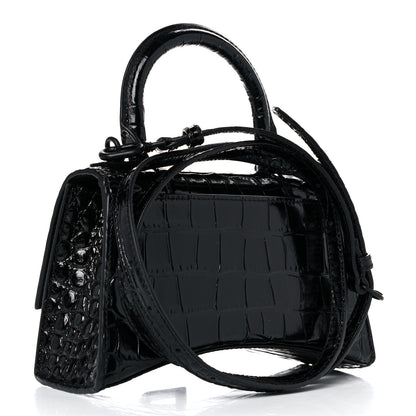 Balenciaga Shiny Calfskin Monochrome Crocodile Embossed Hourglass Top Handle Bag XS Black 3 of 15