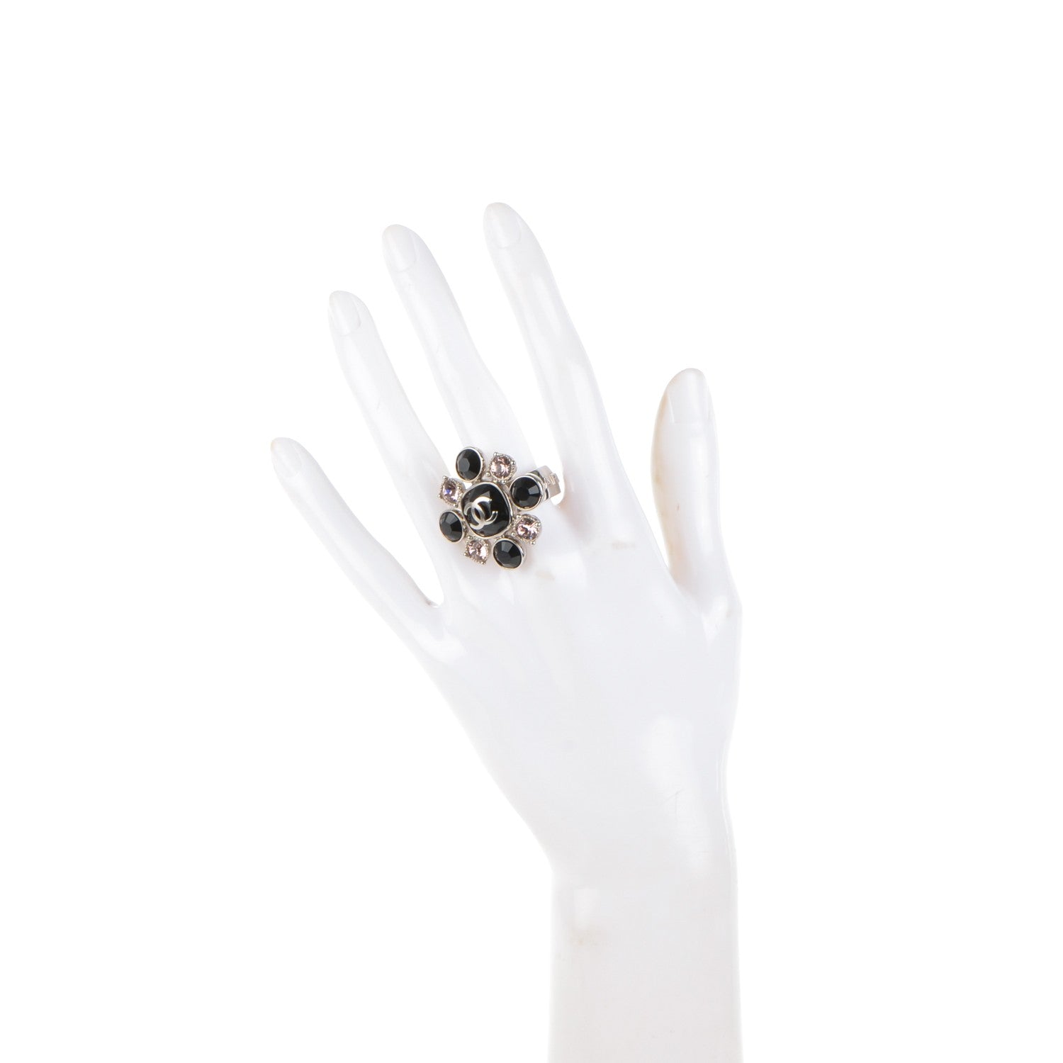 Chanel Crystal CC Ring 7 Silver Black Pink 2 of 7