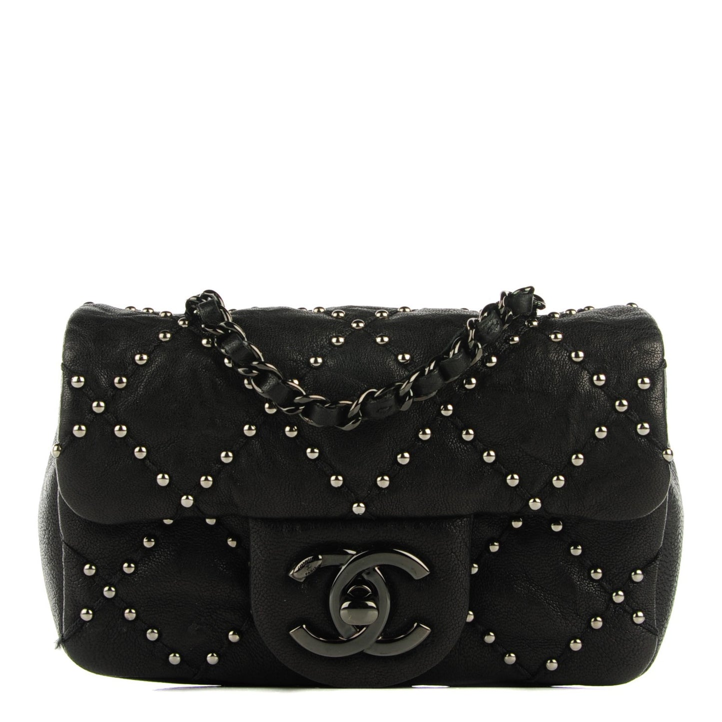 Lambskin Studded Mini Metal Beauty Flap Black