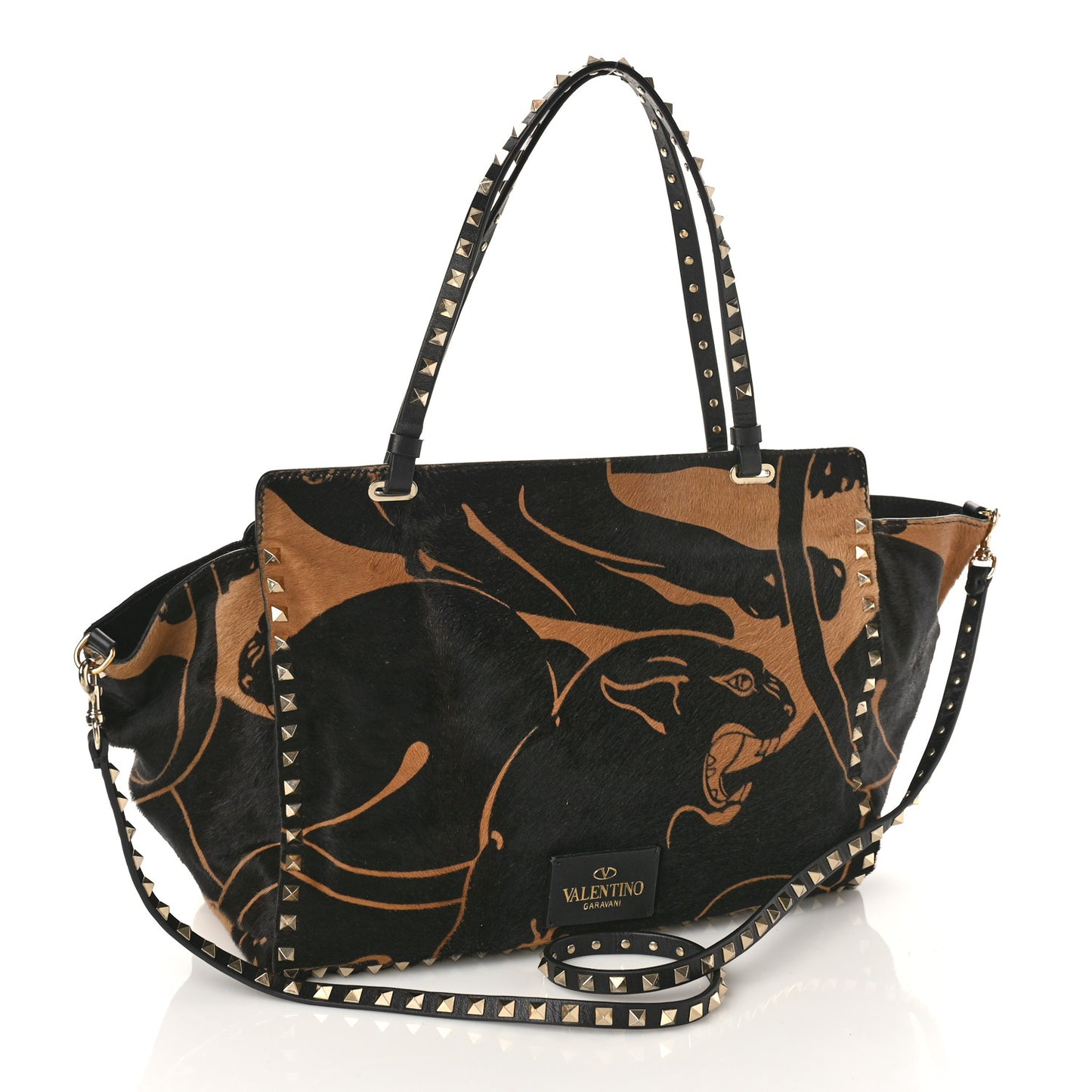 Calf Hair Jaguar Print Medium Rockstud Tote Beige Black