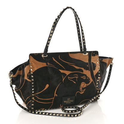 Valentino Garavani Calf Hair Jaguar Print Medium Rockstud Tote Beige Black 3 of 9