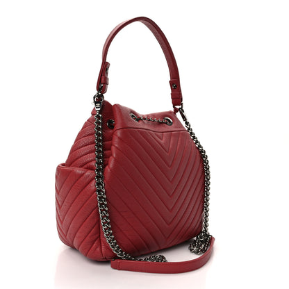 Chanel Deerskin Chevron Quilted Medium CC Chain Bucket Drawstring Bag Red 3 of 12