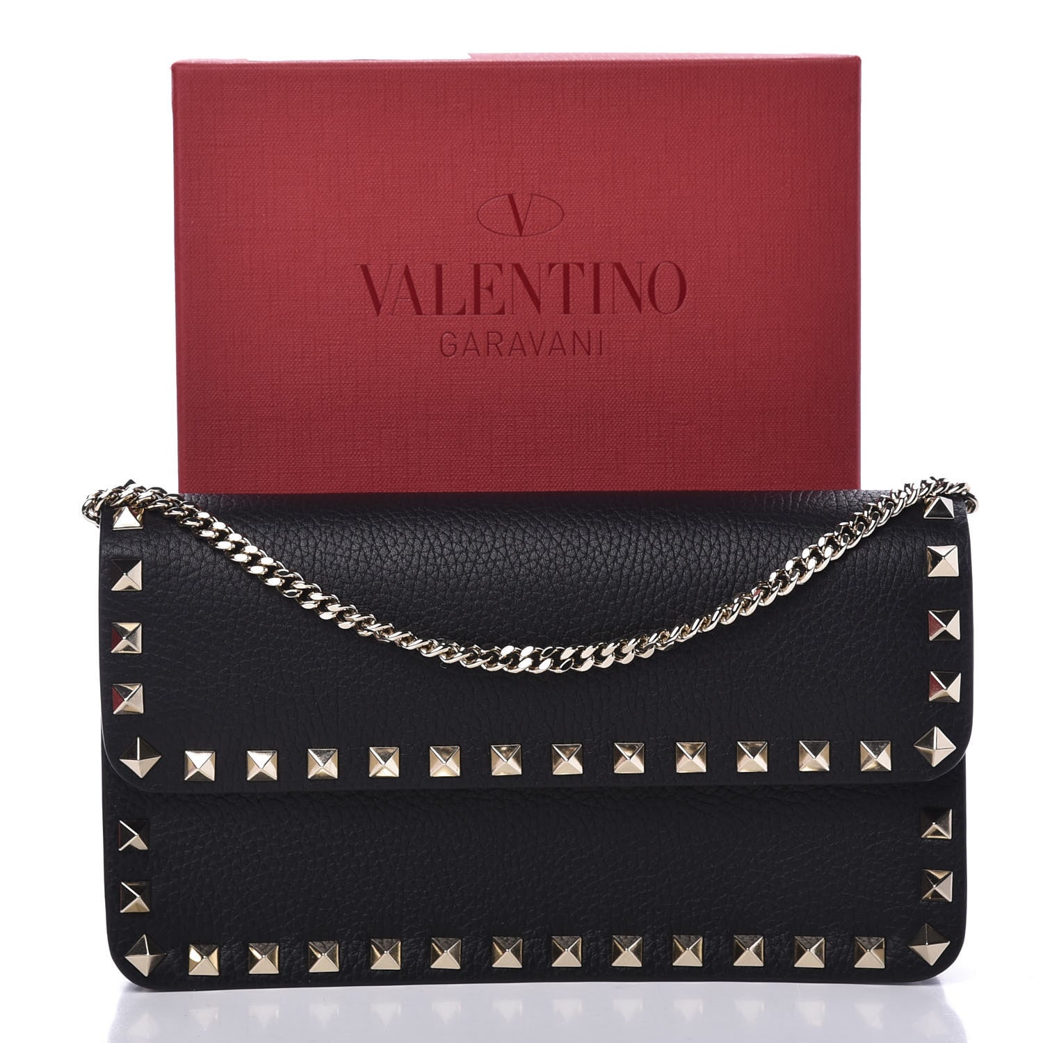 Valentino Garavani Pebbled Calfskin Rockstud Flap Wallet On Chain Black 11 of 11