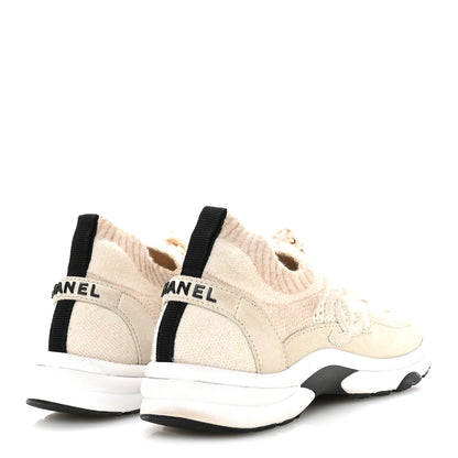Chanel Knit Fabric Suede Calfskin Womens CC Sneakers 36 Ivory 5 of 8